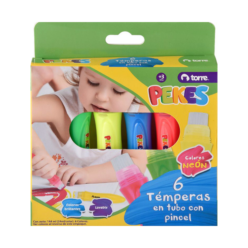 Témpera en Tubo y Pincel Neón Pekes 6 Colores Torre
