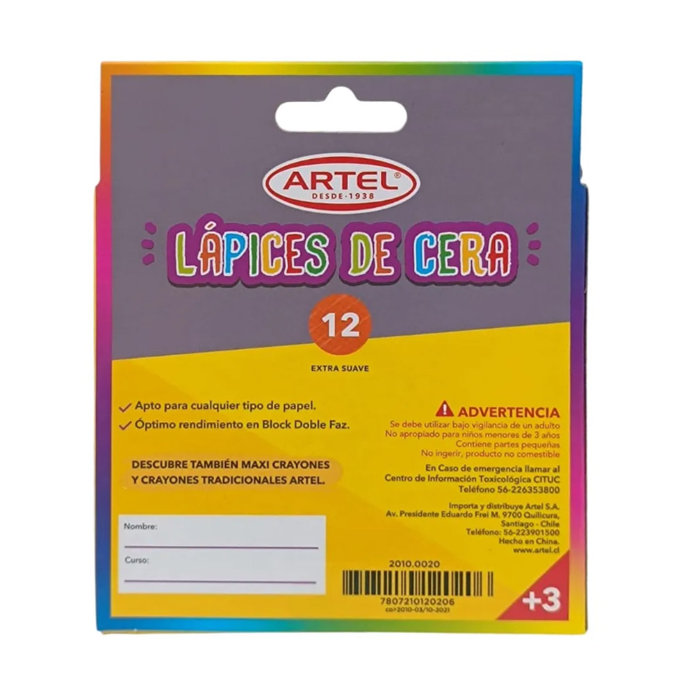 Lápices de Cera 12 Colores Artel - Imagen 3
