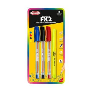 Set 3 Bolígrafos FX2 0.7mm (Azul, Rojo, Negro) + Destacador Artel