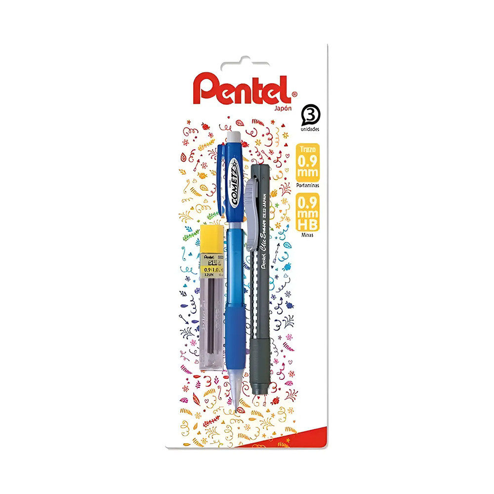 Lápiz Mecánico Cometz 0.9 + Minas + Portagoma Pentel