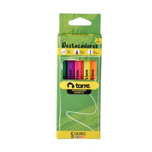 Set 5 Destacadores Neón Punta Biselada Retráctil Torre