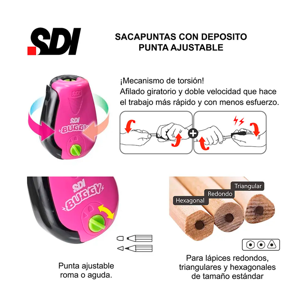 Sacapuntas Buggy con Depósito Punta Ajustable 8mm Surtido Sdi - Imagen 4